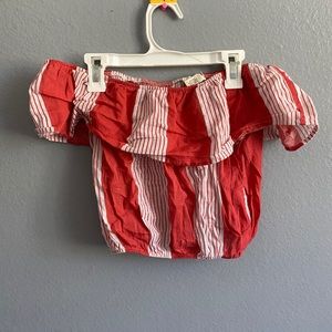 Off the shoulder sky and sparrow crop top